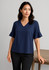 A navy fluted sleeve blouse with a V-neck design, featuring stylish ruffled sleeves. Includes a logo.