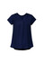A navy blue women's V-neck pleat blouse with short sleeves and a relaxed fit. It has a minimalistic design and a logo.