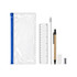 A transparent stationery pouch in blue containing a pencil, pen, ruler, sharpener, and eraser.