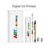 A clear pencil case containing a ruler, pencil, pen, sharpener, and eraser, all featuring vibrant colours and a logo.