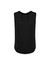A black sleeveless blouse featuring pleat detail with a rounded hem and a subtle sheen.