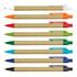 A selection of plastic pens with Kraft paper bodies in various colours: white, orange, red, green, blue, and black.