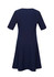 A navy blue women's dress with an extended short sleeve and a flared skirt, featuring a back zipper and a logo.