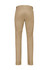 A pair of beige tapered stretch chino pants with back pockets and a logo.