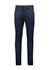 Men's tapered stretch chino pants in navy blue, featuring front and back pockets and a branded logo.