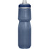 A drink bottle in a dark blue shade with a sleek design and a logo on the side.