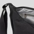 A black bag with a zippered opening and an interior pocket, featuring a sturdy strap. It has a simple, sleek design.