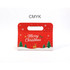 A foldable gift box in red with festive designs, featuring trees and a reindeer, and a handle on top.
