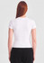 A white women's baby tee displayed from the back, featuring a fitted design and short sleeves.
