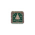 A festive green coaster featuring a Christmas tree, snowflakes, and holly, with fringe edges and a decorative design.