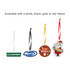 A set of custom-shaped acrylic ornaments in various designs, featuring white, black, and red ribbons.
