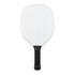 A pickleball paddle with a white face and a black handle, featuring a simple design.