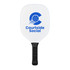A white pickleball paddle featuring a blue logo and black grip. The paddle has a smooth surface and a rounded shape.