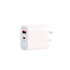 A white wall charger with a USB-C port and a plug for electrical outlets, featuring a small logo.