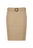 A mid waist stretch chino skirt in a light tan colour featuring a decorative belt with a circular buckle.