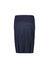 A navy maternity skirt with a smooth waistband and back pleats, featuring a single back pocket and a logo.