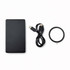 A black solid state power bank, a USB-C cable, and a circular accessory. The product features a logo.