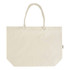 A large, light-coloured tote bag with rope handles and a branded tag.