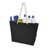 A black tote bag with a rope handle, filled with water bottles, a blue cooler, and green fruit. It features a logo.