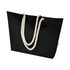 A black tote bag with thick white rope handles, featuring a logo on the side.