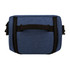A cooler bag in a blue textured fabric with a black handle and zippers, featuring a logo on the front.