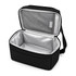 A black cooler bag with a silver interior, featuring a mesh pocket in the lid and a shoulder strap.