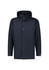 A men's Melbourne Comfort Jacket in dark navy with a hood and front buttons. The jacket has a logo on it.