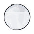 A round, zippered bag in black and white mesh, featuring a transparent top and a pocket on the front.