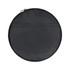 A round, black duffle bag with a zip closure and a flat exterior pocket. It features a logo.