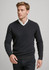 A knitted jumper in dark grey with a v-neck design, featuring long sleeves and a ribbed hem.