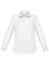 A white long sleeve button-up shirt for women. It features a classic collar and has a logo on it.