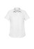 A short sleeve, button-up shirt in white with a collar. Features a logo on the side.