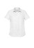 A white short sleeve button-up shirt for women featuring a classic collar and a logo on the breast.