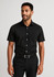 A black short-sleeve button-up shirt featuring a logo, worn by a man with a neutral expression.