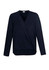 A women's navy blue hi-lo blouse with long sleeves and a wrap-style design. It features a logo on the label.