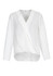 A white hi-lo blouse with a wrap design and long sleeves, featuring a subtle logo on the tag.