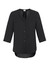 A black longline blouse with a button-up front and three-quarter sleeves. Features a collar and a curved hem.