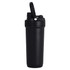 A drink bottle in matte black with a secure lid and a carry handle, featuring a brand logo.