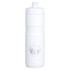 A drink bottle in white with a secure screw cap and a logo printed on the front. Holds 750ml of liquid.