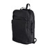 A black backpack with multiple compartments and a logo, featuring a sleek, minimalist design.