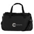 A black duffel bag with two handles, a shoulder strap, and a logo on the front.