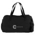 A black duffel bag with dual handles and a logo on the front, featuring side zip compartments.