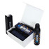 A white magnetic gift box containing a drink bottle, a black item, and a folded item with a logo.
