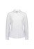 A white long sleeve shirt with a collar and button front, featuring a logo on the chest.