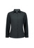 A women's long sleeve shirt in black with a button-up front and a collar. It features a logo on the fabric.