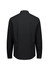 A black long sleeve men's shirt with a collar and buttoned cuffs, featuring a logo on the back.