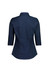A navy women's 3/4 sleeve shirt with a collar and buttoned sleeves, featuring a logo on the back.