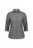 A women's 3/4 sleeve shirt in a black and white striped pattern, featuring a collared neckline and button front.