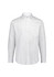 A white long sleeve shirt with a classic fit, featuring a chest pocket and a button-down collar. It has a logo.