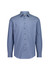 A long sleeve shirt featuring a blue and white stripe pattern with a chest pocket and a collar. It has a logo.
